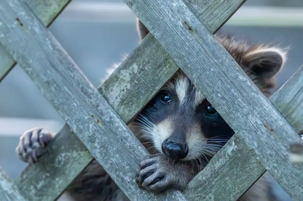 a raccoon peeking through a criss-cross fence--nonprofit humour