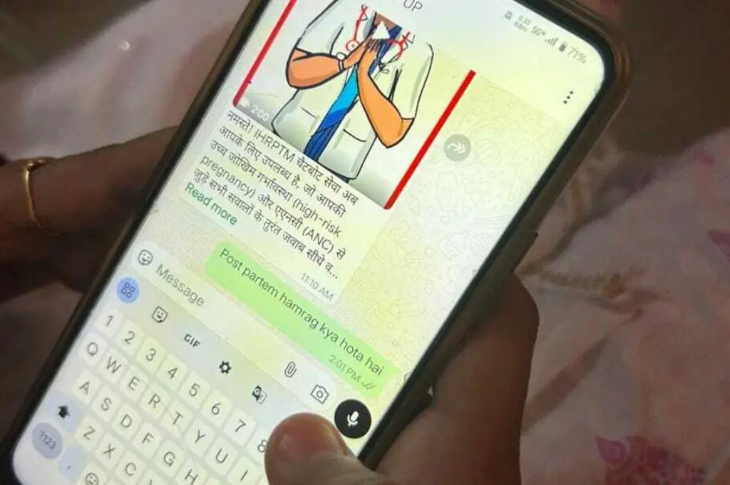 a conversation between IHRPTM WhatsApp chatbot and a woman, with a welcome message by a bot and a query related to post-partum haemorrhage by the user--AI for health