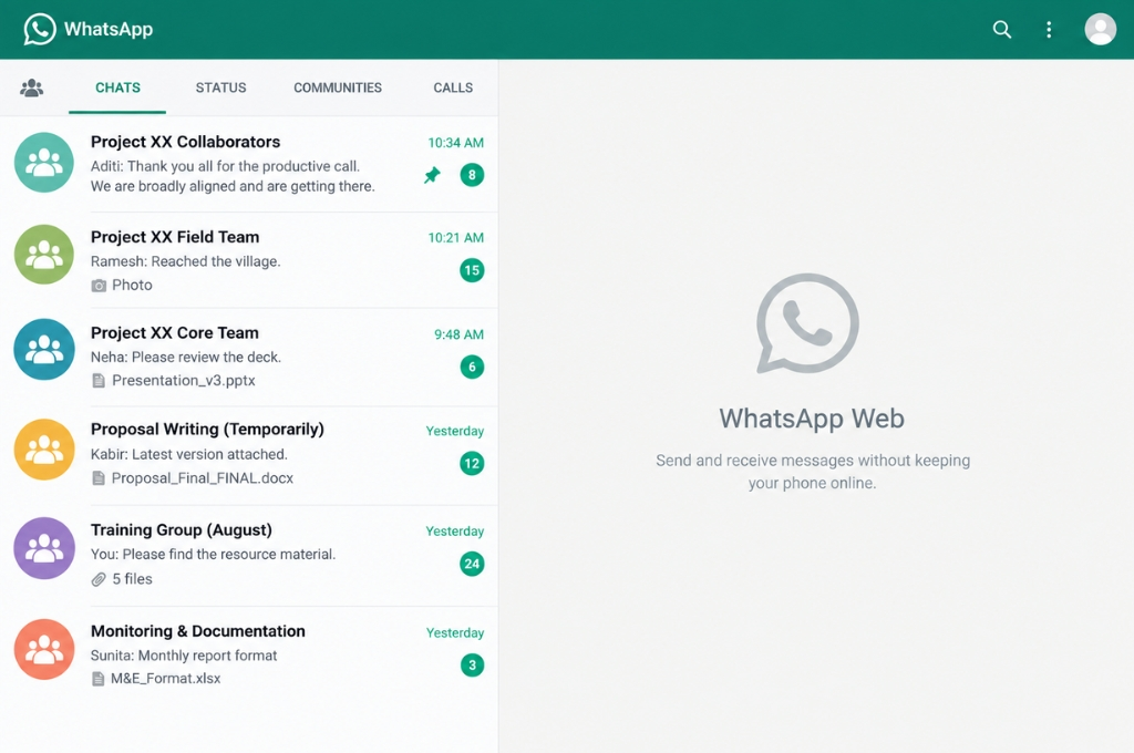 A screenshot of WhatsApp Web showing the chats tab with several group conversations--nonprofit humour