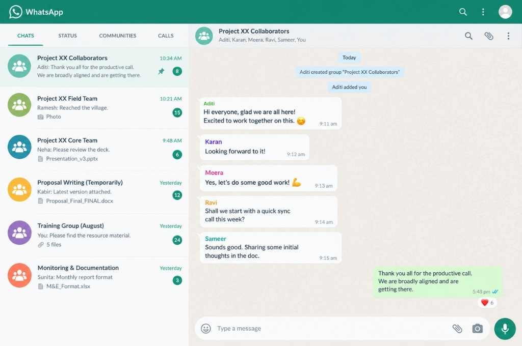 A WhatsApp Web screenshot of a group chat labelled "Project XX Collaborators"--nonprofit humour