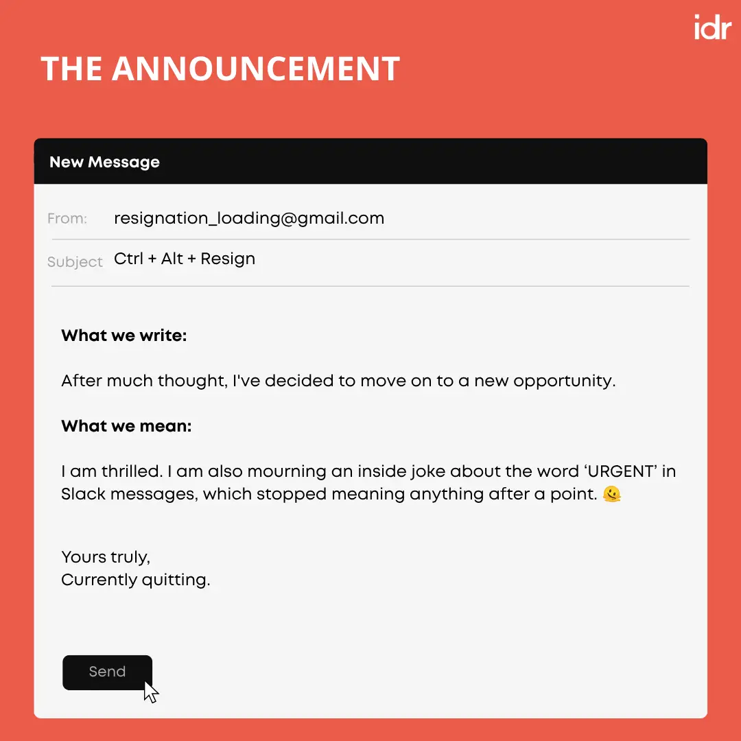 graphic titled 'The Announcement' showing a mock resignation email--nonprofit humour