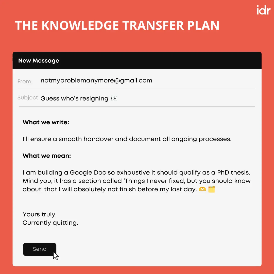 graphic titled 'The Knowledge Transfer Plan' showing a mock resignation email--nonprofit humour