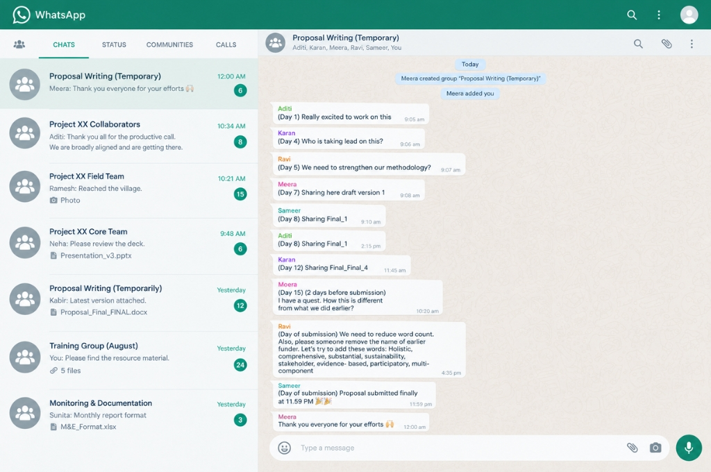 A WhatsApp Web screenshot of a group chat labelled "Proposal Writing (Temporary)"--nonprofit humour