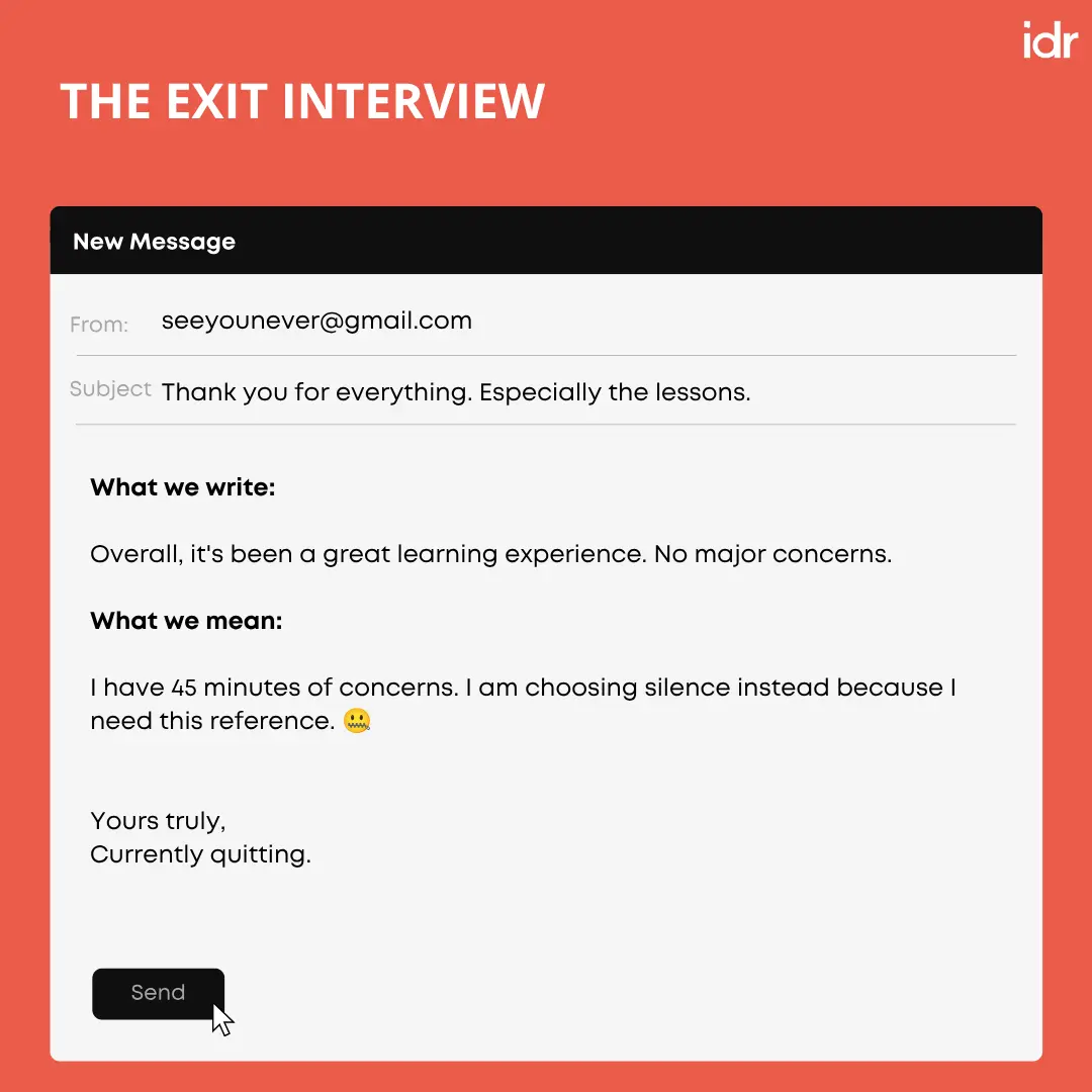 graphic titled 'The Exit Interview' showing a mock resignation email--nonprofit humour