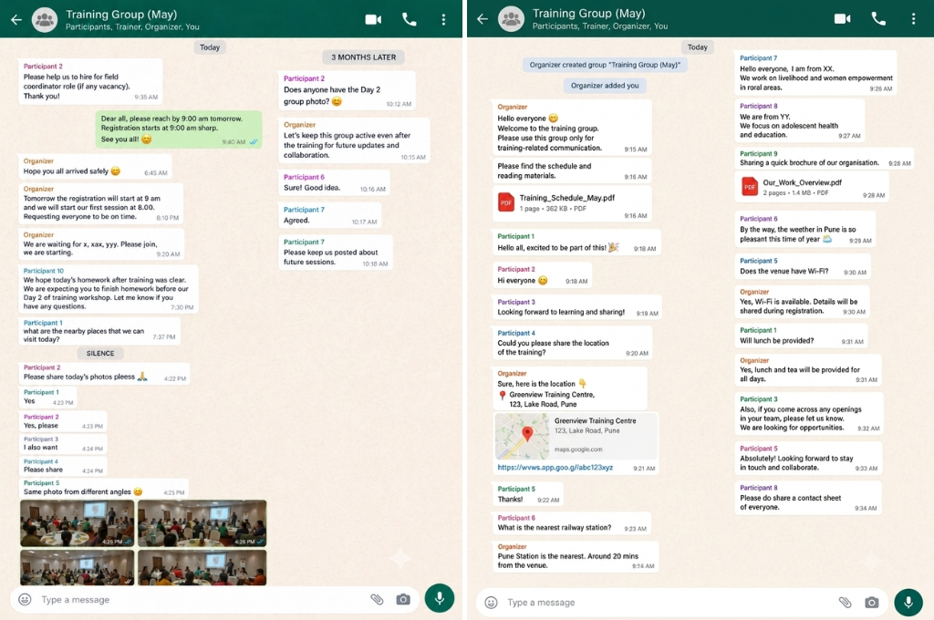 A WhatsApp Web screenshot of a group chat labelled "Training Group (May)"--nonprofit humour