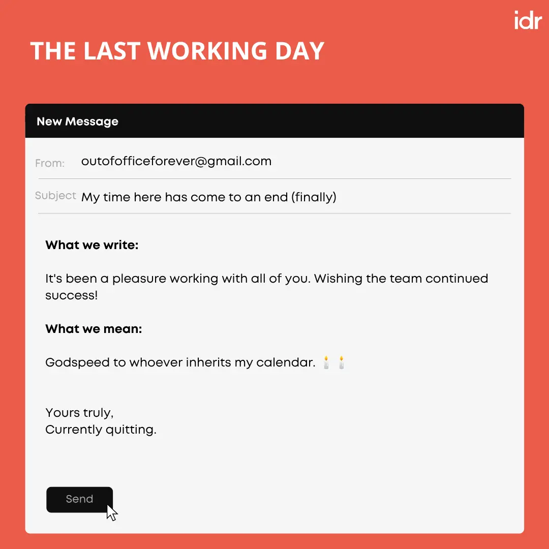 graphic titled 'The Last Working Day' showing a mock resignation email--nonprofit humour