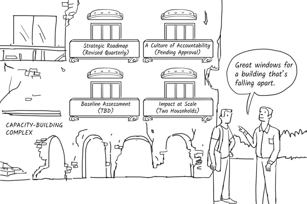 a cartoon showing two men standing in front of a crumbling building called 