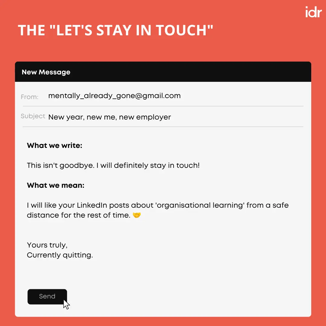 graphic titled 'The "Let&rsquo;s Stay in Touch"' showing a mock resignation email--nonprofit humour