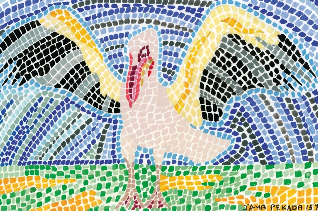 a mosaic image of a bird in different colours - scale