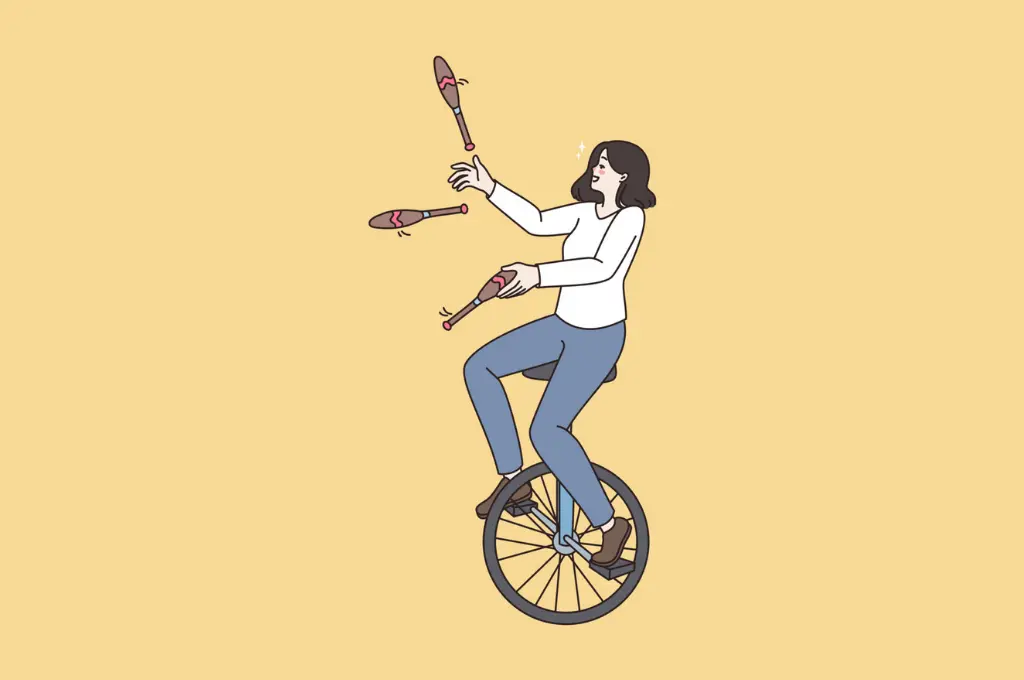 illustration of a woman juggling three clubs while balancing on a unicycle--women's leadership