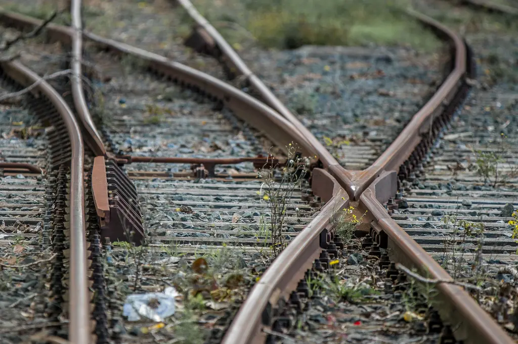 Detailed view of intersecting railway tracks with overgrown vegetation--Mental Healthcare Act