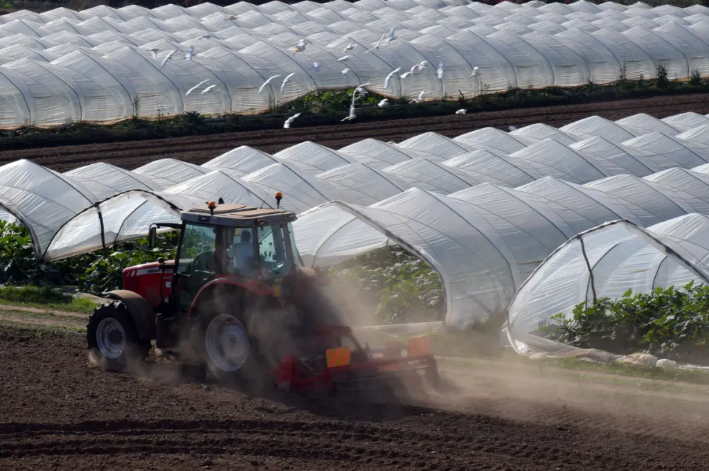 a tractor ploughing the soil near greenhouses on a farm--Social enterprises
