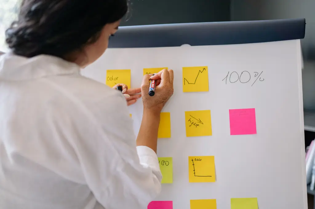 a woman writing something on a yellow sticky note stuck on a whiteboard with several other pink- and yellow-coloured sticky notes--fundraising