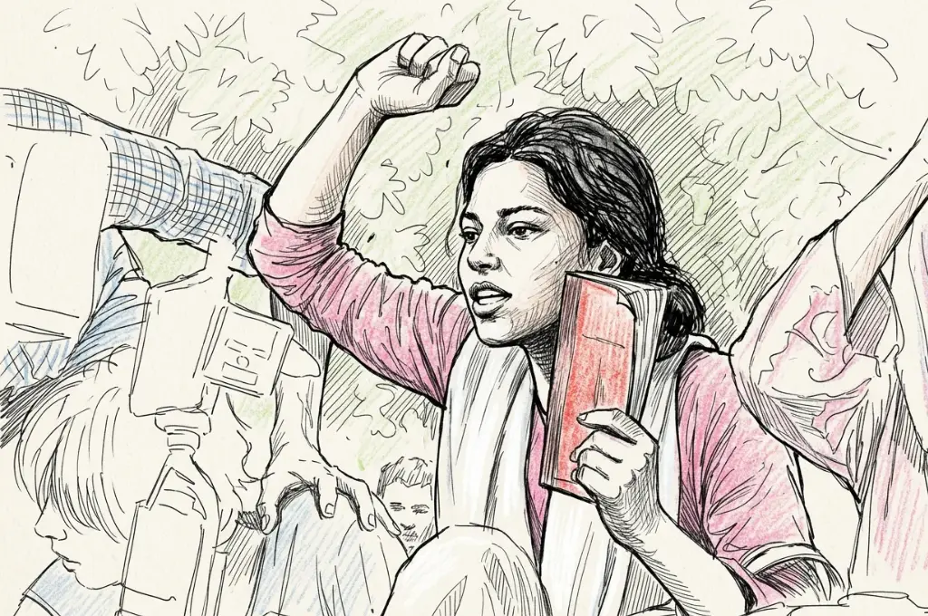 an illustration of a female protestor holding up the Constitution of India--protests
