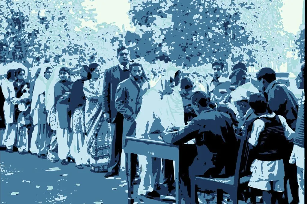 A blue-toned graphic image of people standing in a queue at a polling station, with election officials seated at tables--democracy